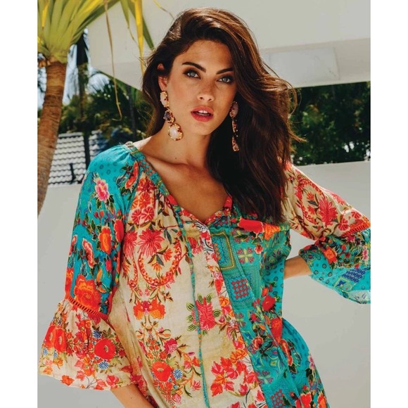 Lula Soul Tops - Lula Soul Floral Patchwork Tassel‎ Bell Sleeve Button Up Peasant Top Boho Chic S